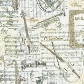 Antique Musical Instruments on Music Sheets w/Metallic