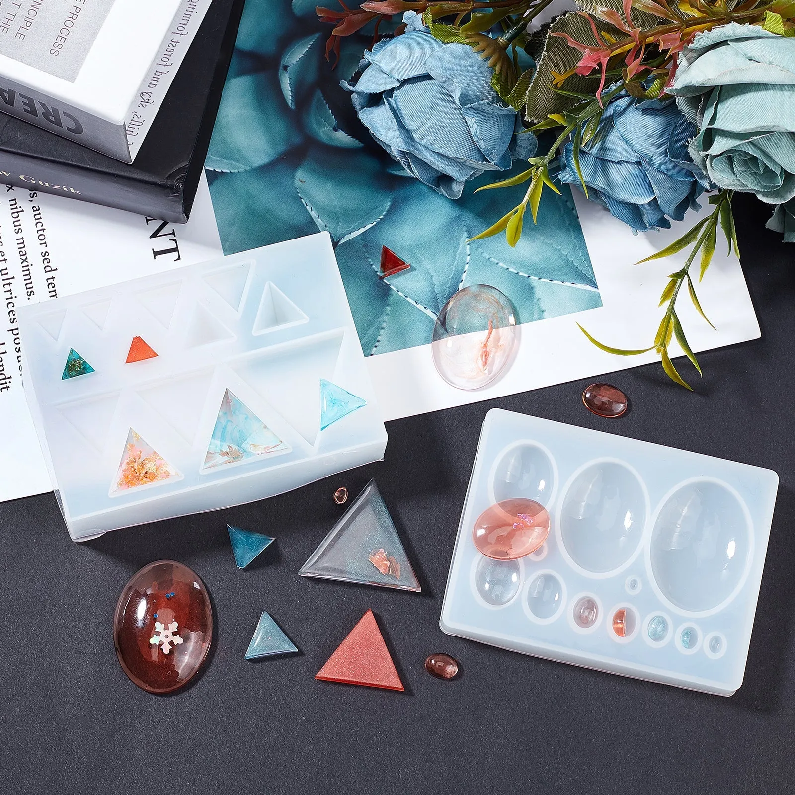 DIY Cabochons Makins, with Silicone Molds, Tinfoil, Plastic Measuring Cup & Stirring Rod & Pipettes, Latex Finger Cots, Mixed Color, 66x40x8mm