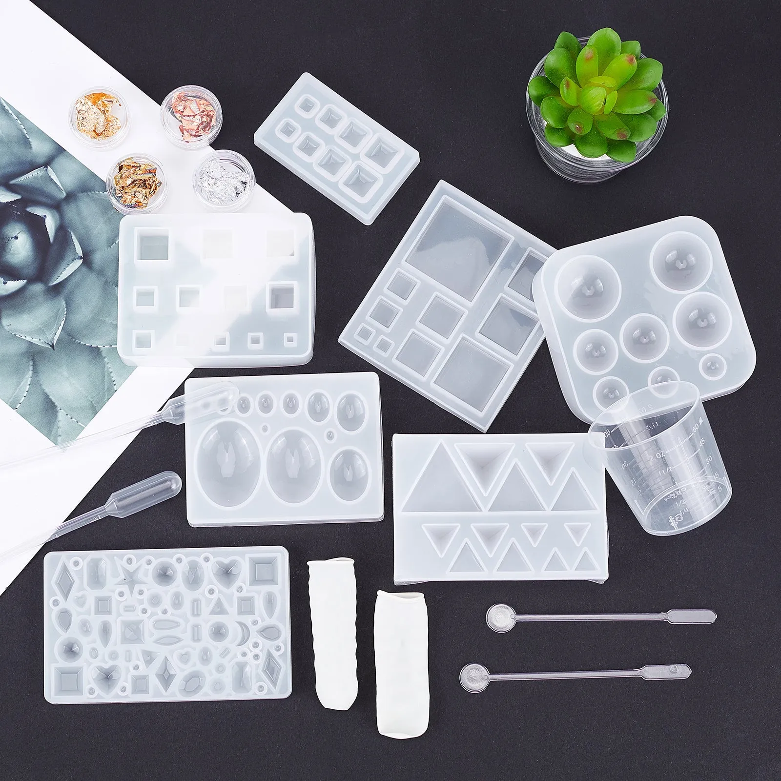 DIY Cabochons Makins, with Silicone Molds, Tinfoil, Plastic Measuring Cup & Stirring Rod & Pipettes, Latex Finger Cots, Mixed Color, 66x40x8mm