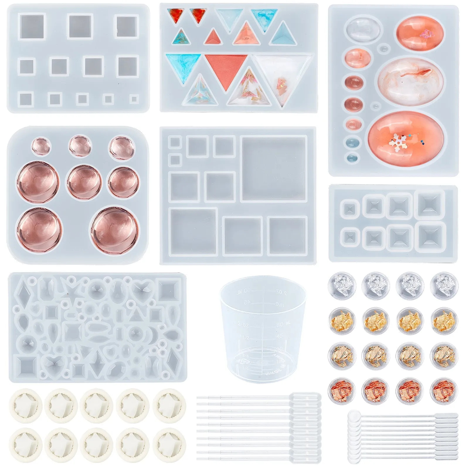 DIY Cabochons Makins, with Silicone Molds, Tinfoil, Plastic Measuring Cup & Stirring Rod & Pipettes, Latex Finger Cots, Mixed Color, 66x40x8mm