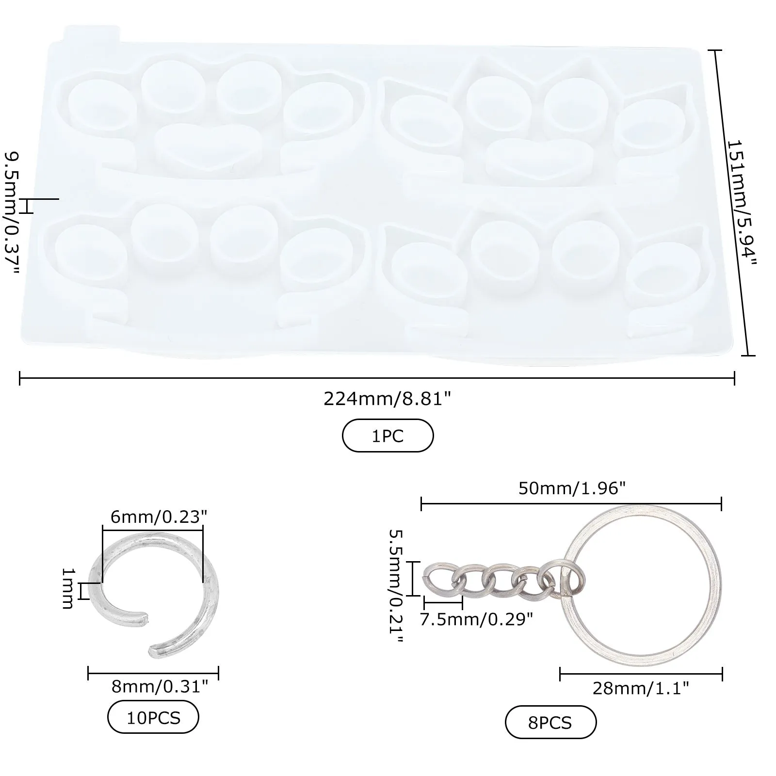 DIY Defensive Keychain Silicone Molds Kits, with Silicone Knuckles Molds, Iron Keychain Clasp Findings & Open Jump Rings, Silicone Measuring Cup, Disposable Latex Finger Cots, White, 41pcs/set