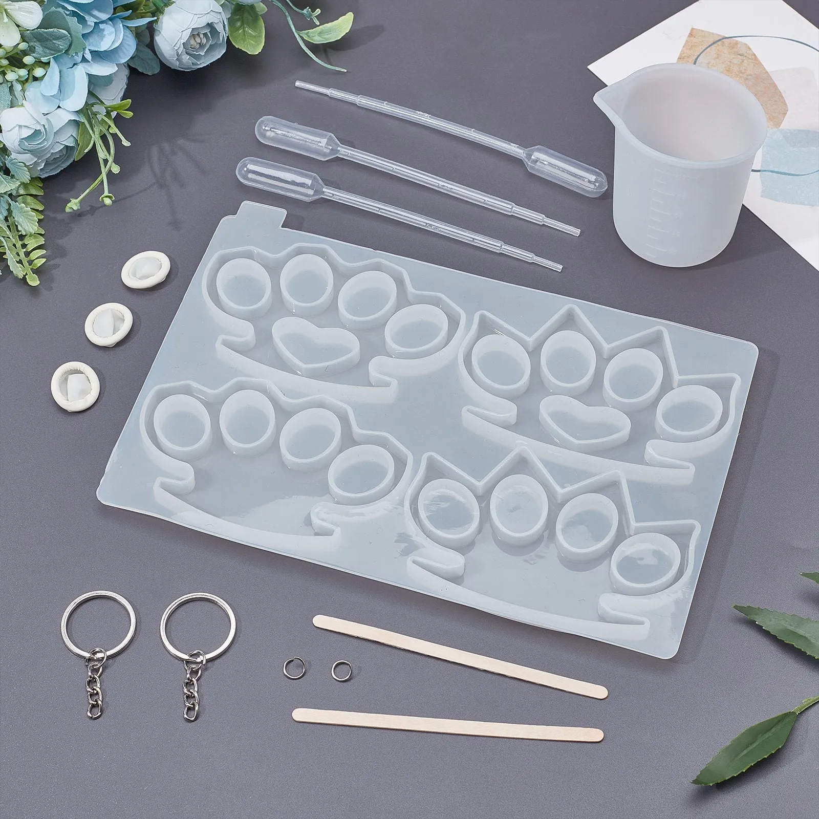 DIY Defensive Keychain Silicone Molds Kits, with Silicone Knuckles Molds, Iron Keychain Clasp Findings & Open Jump Rings, Silicone Measuring Cup, Disposable Latex Finger Cots, White, 41pcs/set