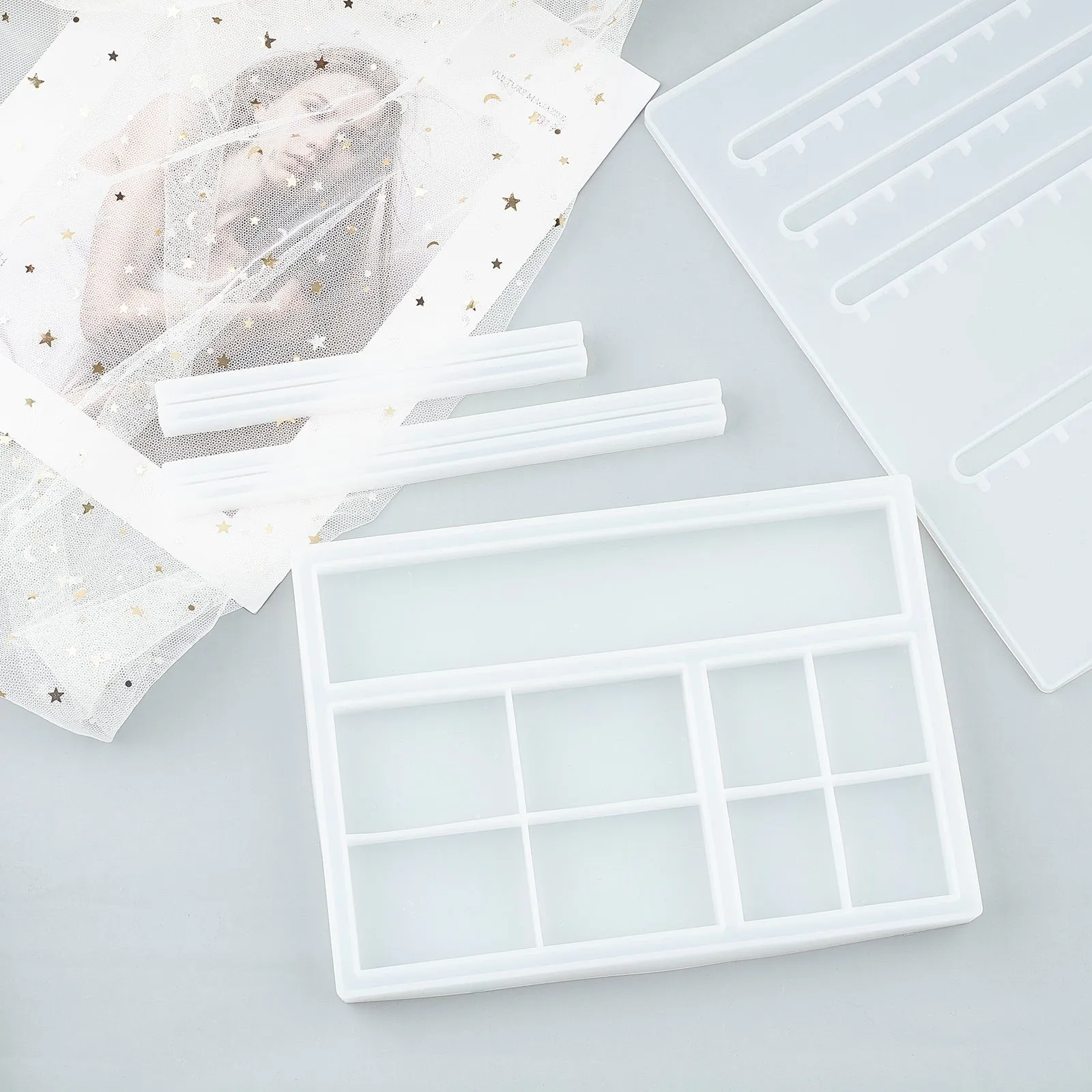 DIY Display Stand Silicone Molds Kits, Including Disposable Plastic Transfer Pipettes & Round Stirring Rod, Latex Finger Cots, White, 236x169x21mm, 1pc