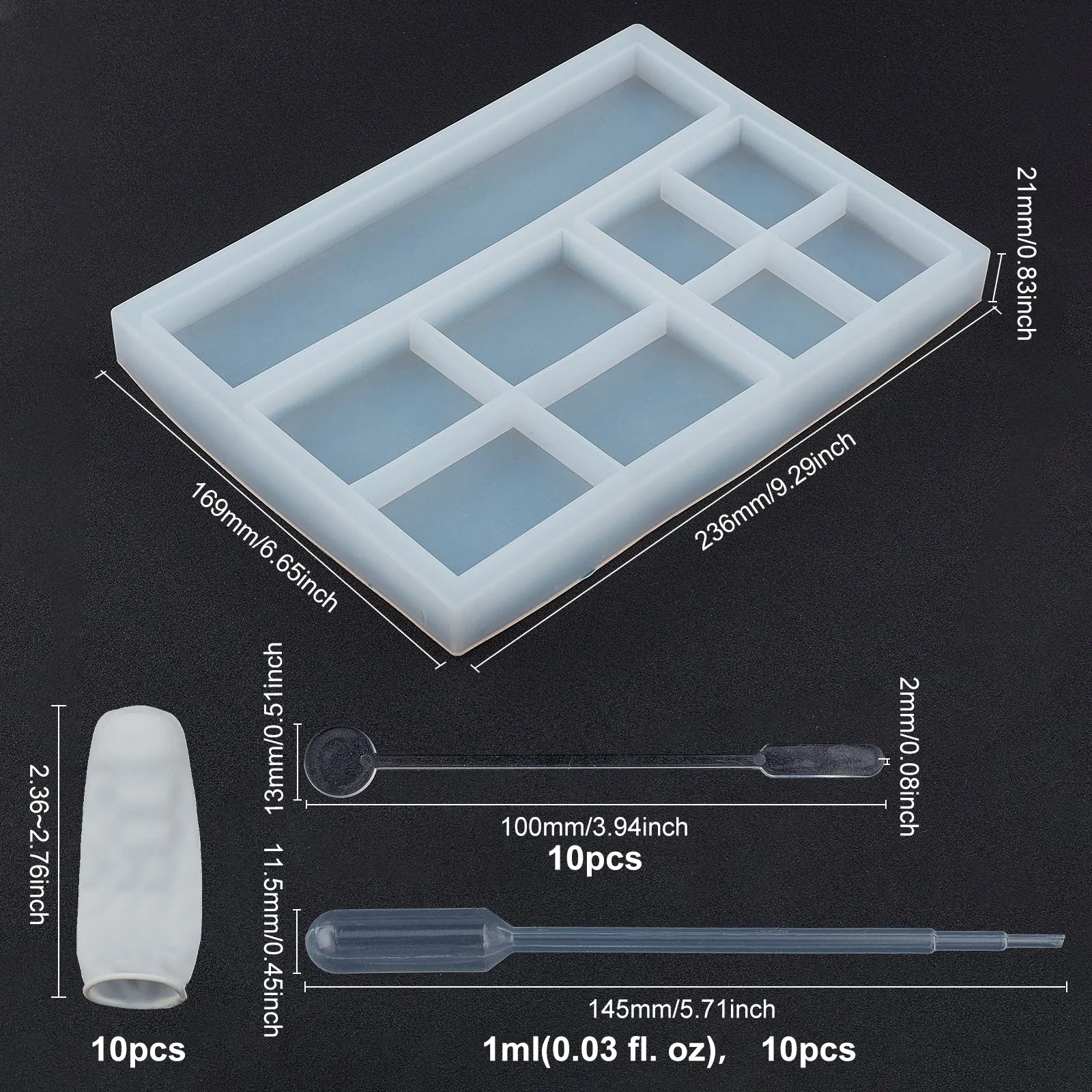 DIY Display Stand Silicone Molds Kits, Including Disposable Plastic Transfer Pipettes & Round Stirring Rod, Latex Finger Cots, White, 236x169x21mm, 1pc