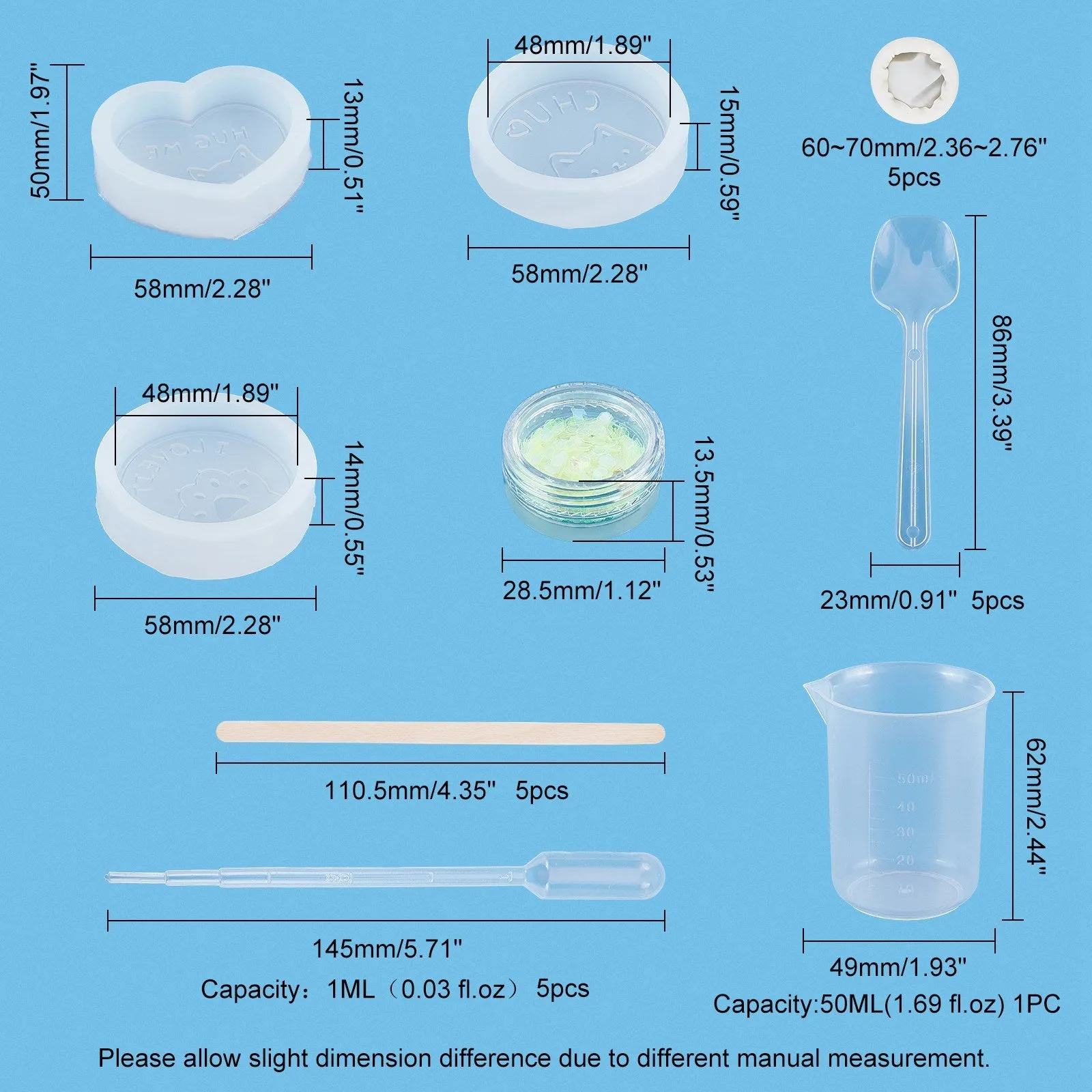 DIY Food Grade Silicone Molds, For UV Resin & Epoxy Resin Jewelry Making, with Birch Wooden Craft Ice Cream Sticks, Plastic Transfer Pipettes & Spoons & Measuring Cup, Latex Finger Cots, White, 58x14mm, Inner Diameter: 48mm, 1pc