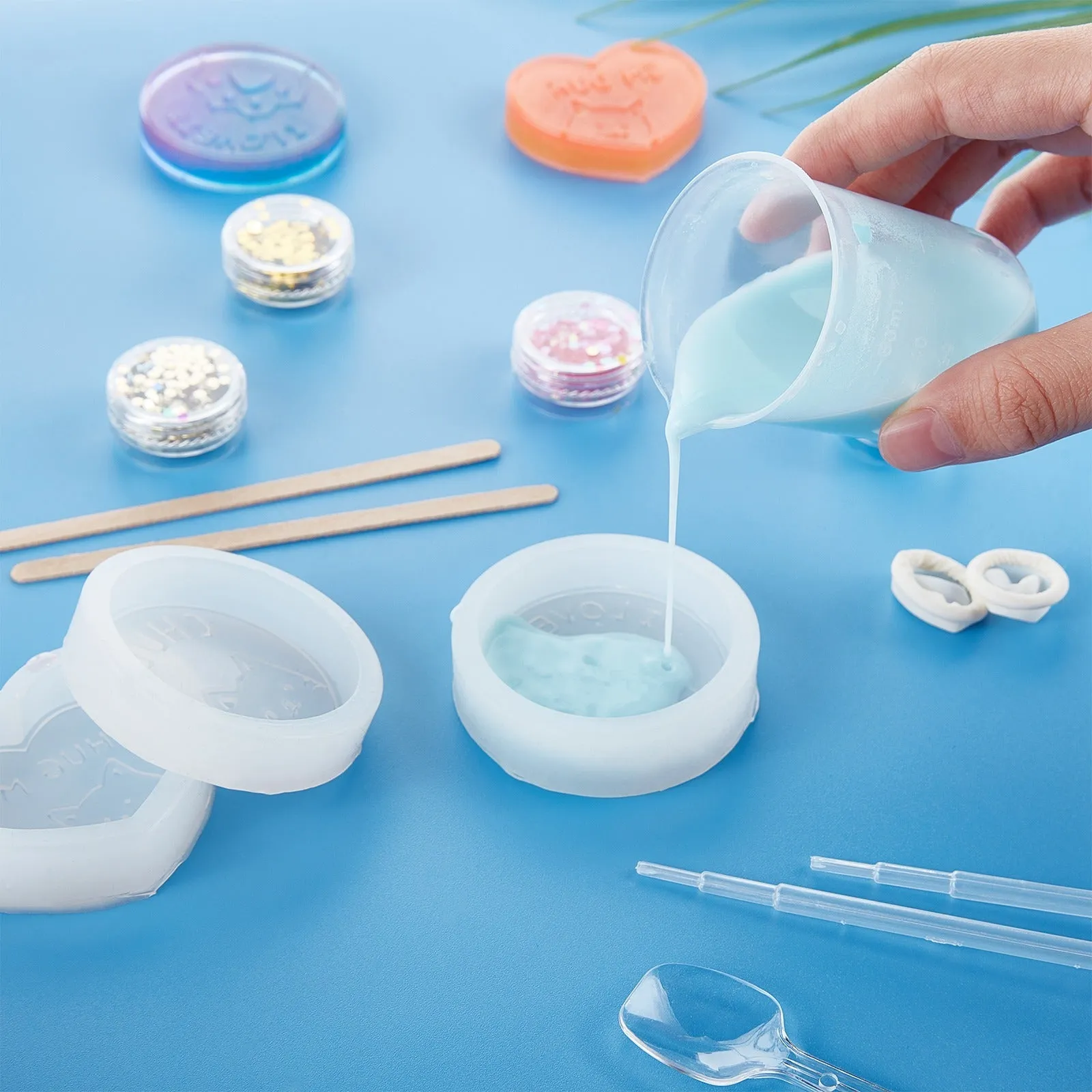 DIY Food Grade Silicone Molds, For UV Resin & Epoxy Resin Jewelry Making, with Birch Wooden Craft Ice Cream Sticks, Plastic Transfer Pipettes & Spoons & Measuring Cup, Latex Finger Cots, White, 58x14mm, Inner Diameter: 48mm, 1pc