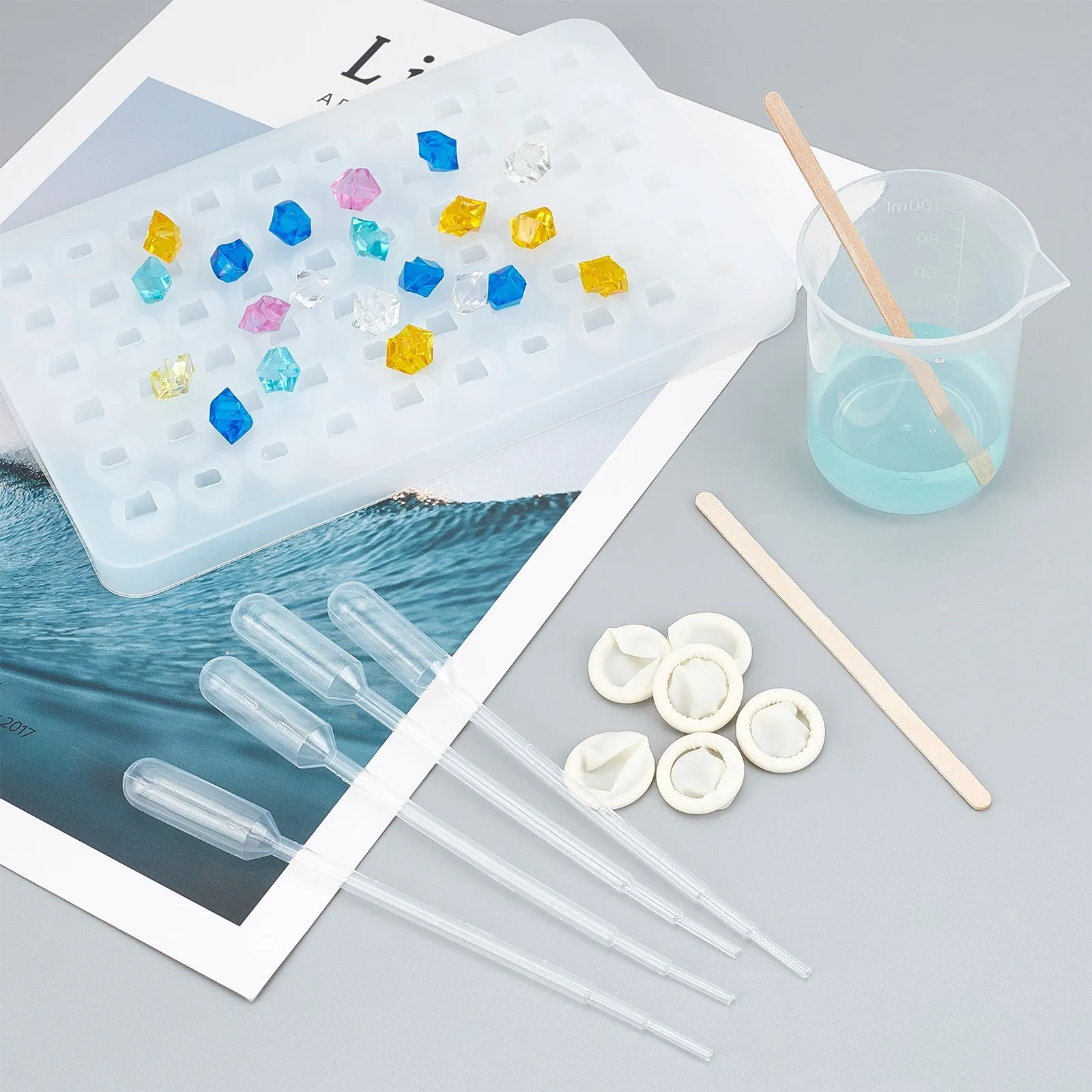 DIY Jewelry Making Kits, Including Polygon Ice Silicone Molds, Plastic Measuring Cups & Transfer Pipettes, Birch Wooden Craft Ice Cream Sticks and Latex Finger Cots, Mixed Color, 190x121x11mm, 1pc