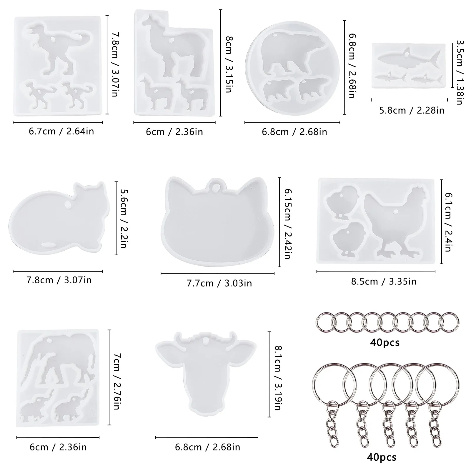DIY Keychain Epoxy Resin Kits, with 9PCS Silicone Molds, 40PCS Iron Split Key Rings & Jump Rings