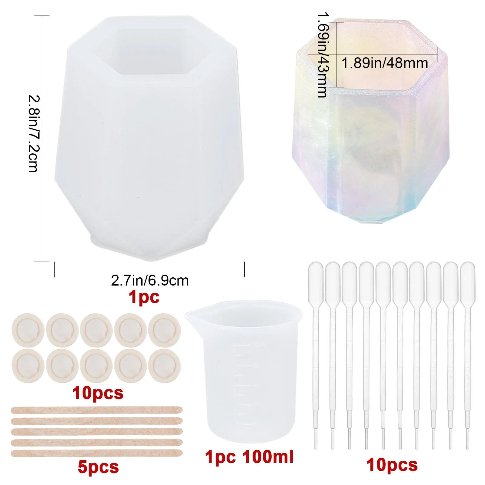 DIY Pen Vase Molds Kits, Including Silicone Molds, Measuring Cup Plastic Tools, Plastic Transfer Pipettes, Birch Wooden Craft Ice Cream Sticks and Latex Finger Cots, White, 61x69x72mm, Inner Diameter: 38x43mm, 1pc