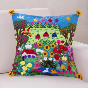 Fair Trade Folk Art Patterned Applique Cushion Cover - Spring Fun | NOVICA