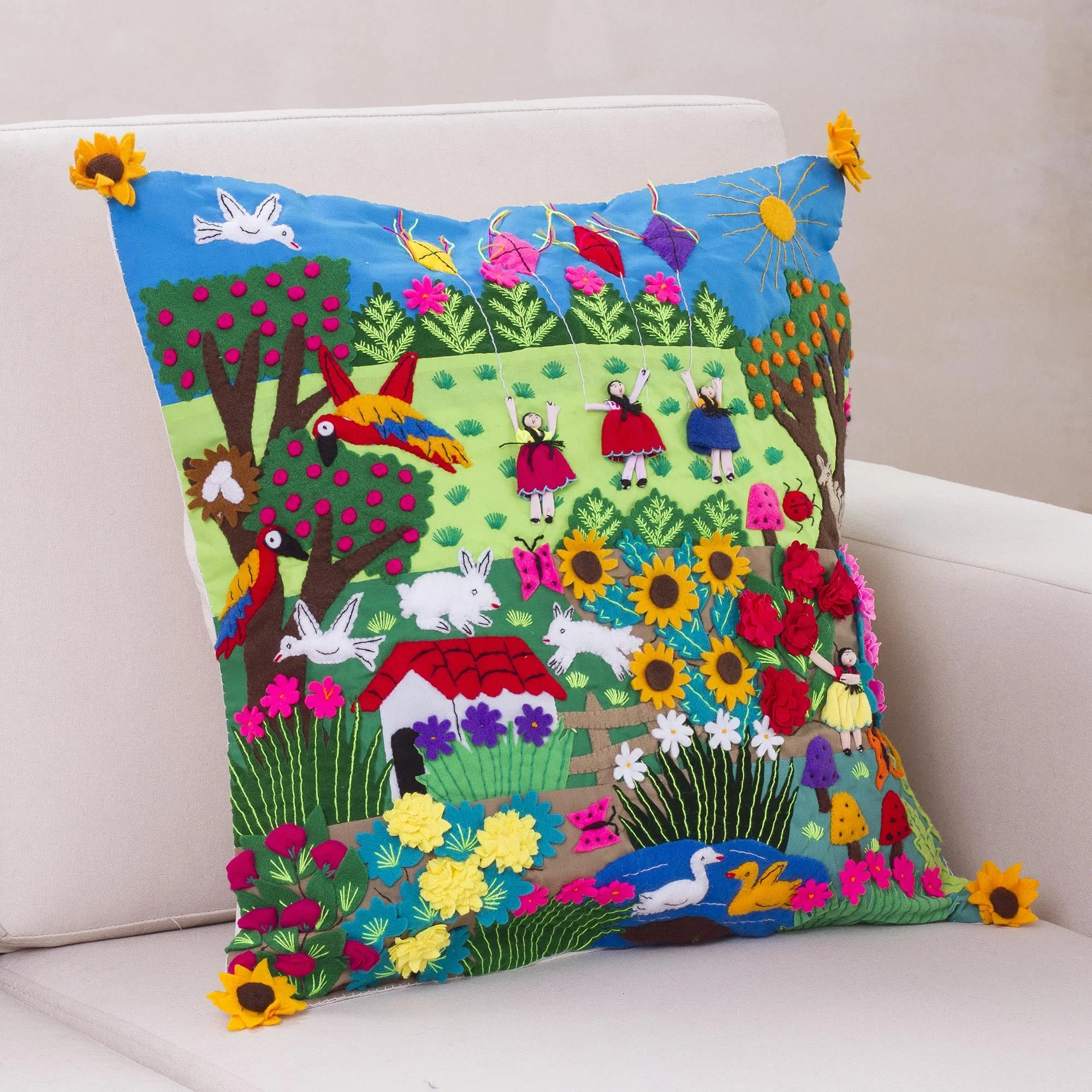 Fair Trade Folk Art Patterned Applique Cushion Cover - Spring Fun | NOVICA