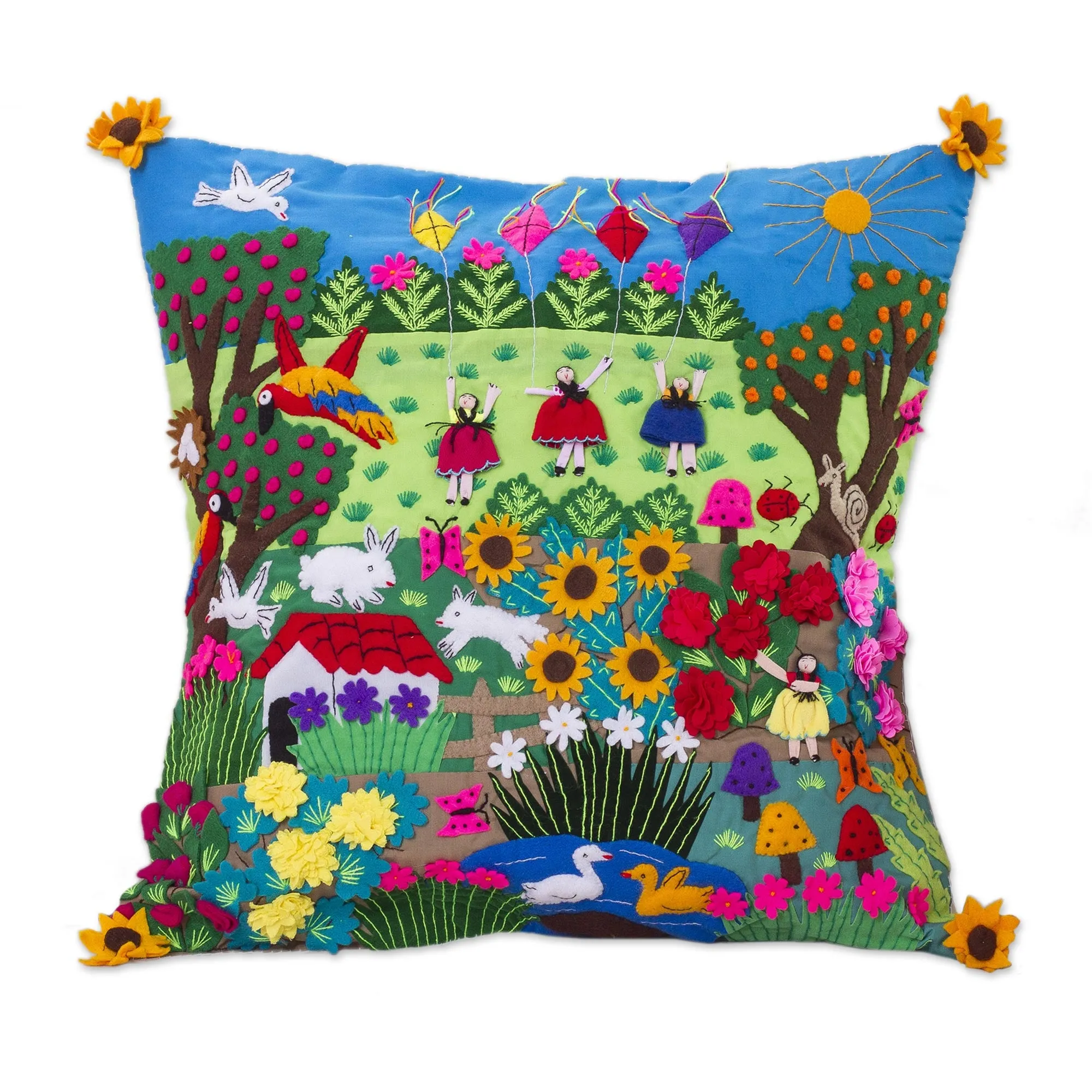 Fair Trade Folk Art Patterned Applique Cushion Cover - Spring Fun | NOVICA