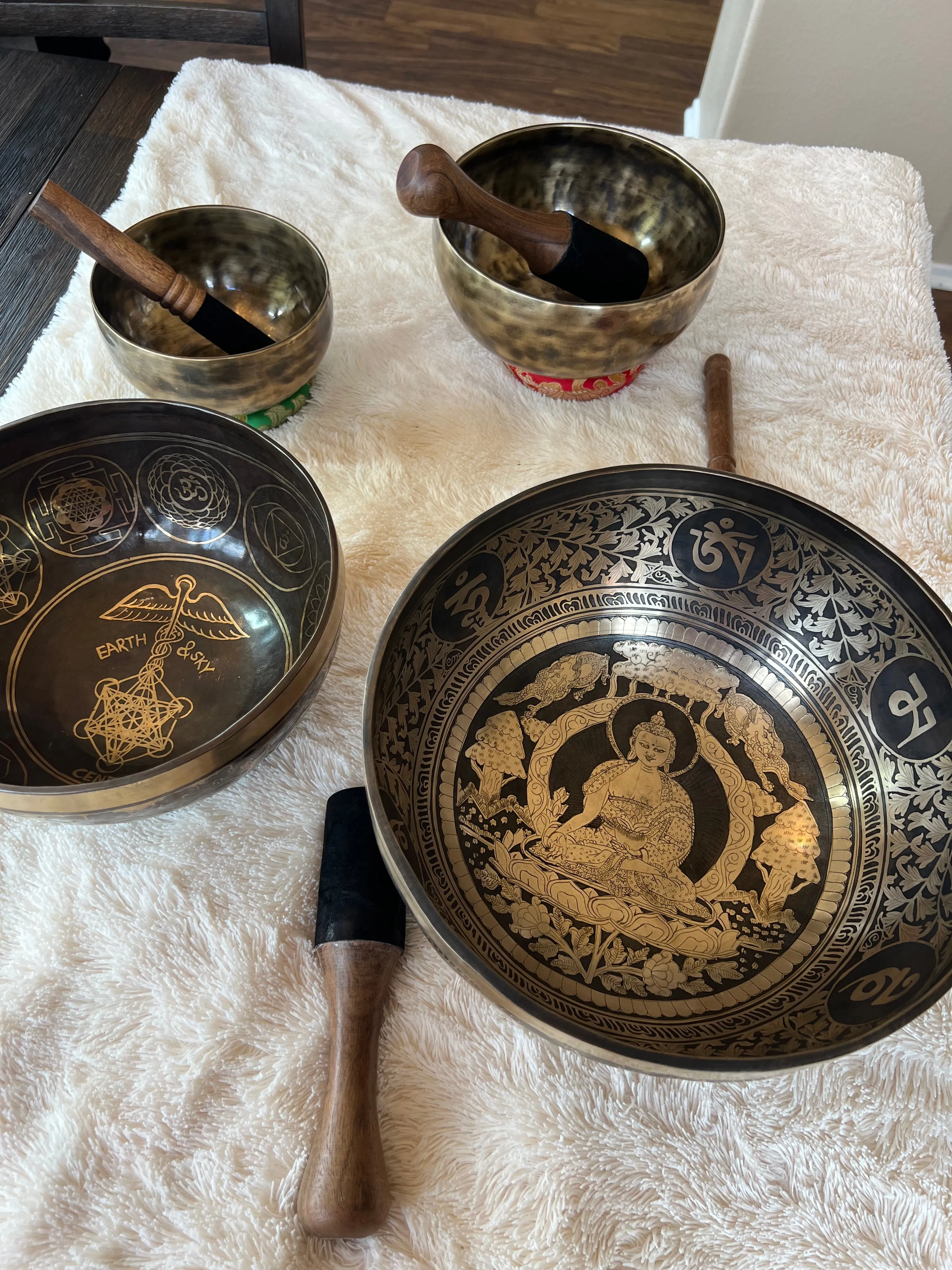 One of a Kind! Gorgeous Buddha Circle of Tree handmade exquisite, detailed singing bowls