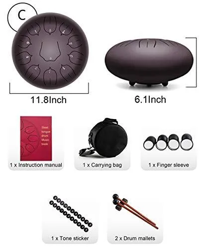 Steel Tongue Drum - 11 Notes 12 inches - Percussion Instrument -Handpan Drum with Bag, Music Book, Mallets, Finger Picks (12'', Dark Purple)