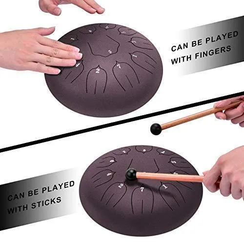 Steel Tongue Drum - 11 Notes 12 inches - Percussion Instrument -Handpan Drum with Bag, Music Book, Mallets, Finger Picks (12'', Dark Purple)