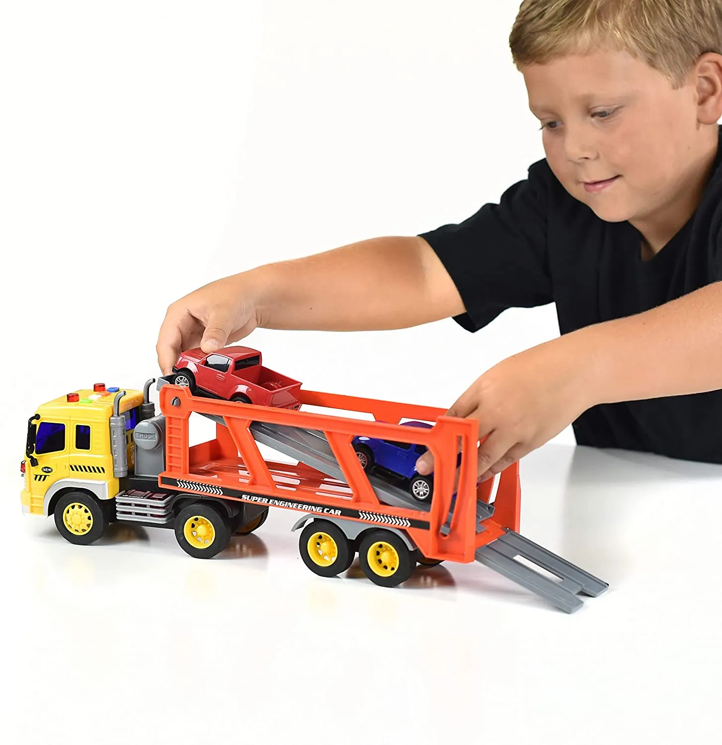 Sunny Days Entertainment Long Haul Vehicle Transport – Lights and Sounds Pull Back Toy Vehicle with Friction Motor