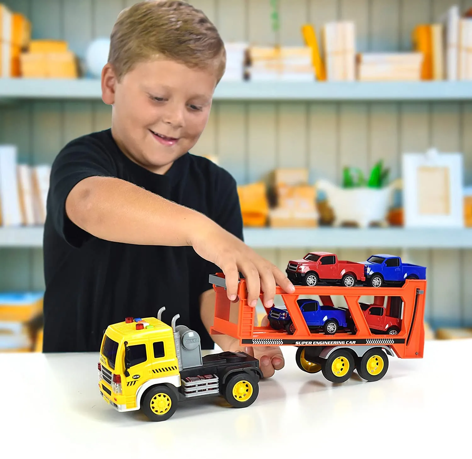Sunny Days Entertainment Long Haul Vehicle Transport – Lights and Sounds Pull Back Toy Vehicle with Friction Motor