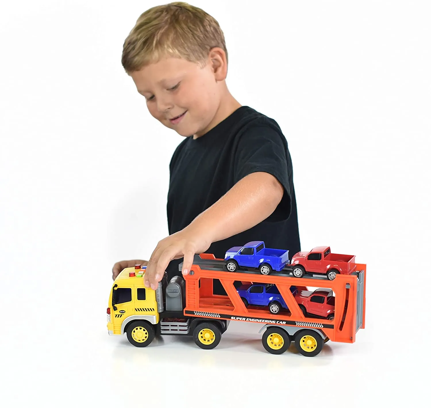 Sunny Days Entertainment Long Haul Vehicle Transport – Lights and Sounds Pull Back Toy Vehicle with Friction Motor