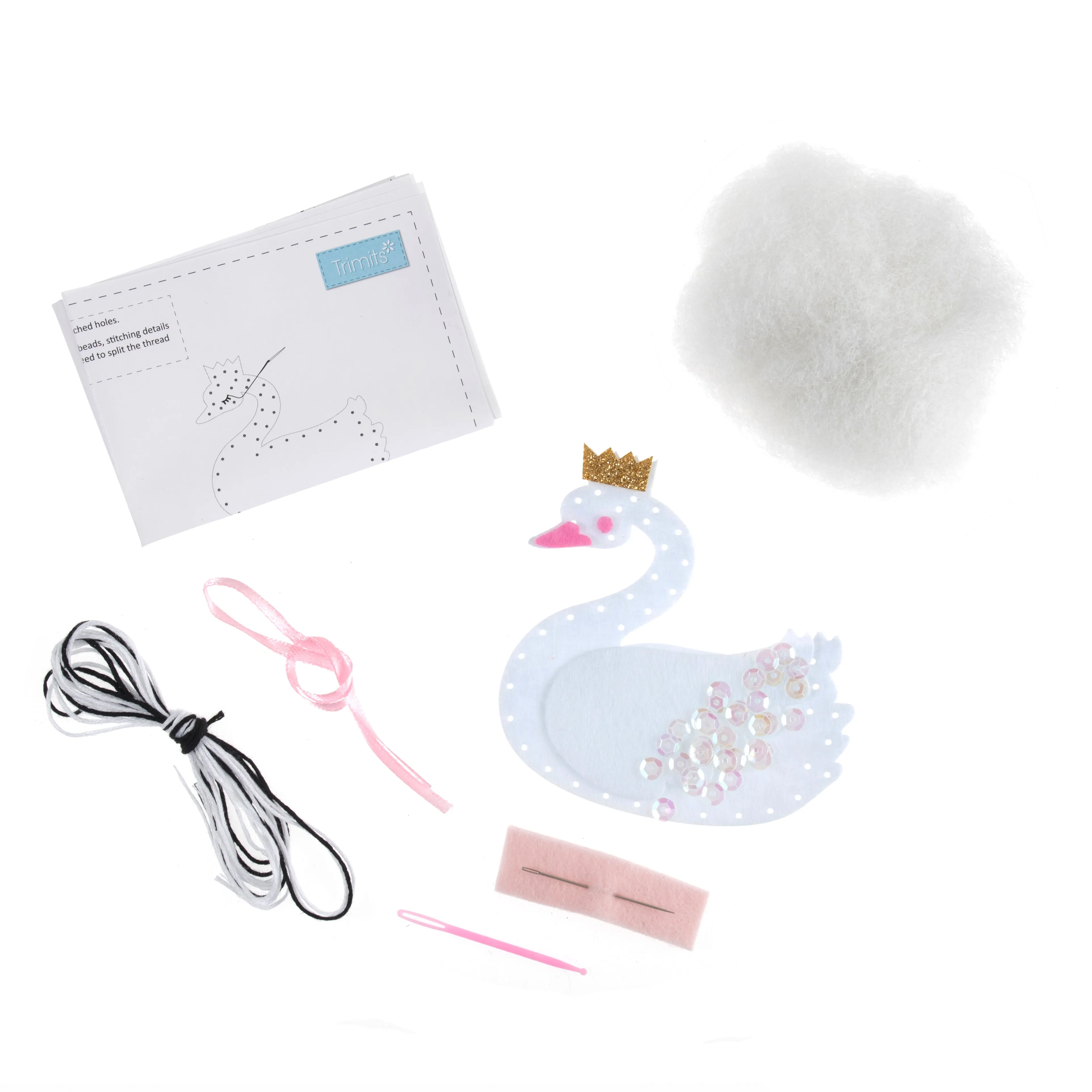 Trimits Felt Decoration Kit Ð Christmas: Swan with Crown, 2x6x13cm, Includes Pre-Cut Felt, Stuffing, Beads, Thread, and Instructions