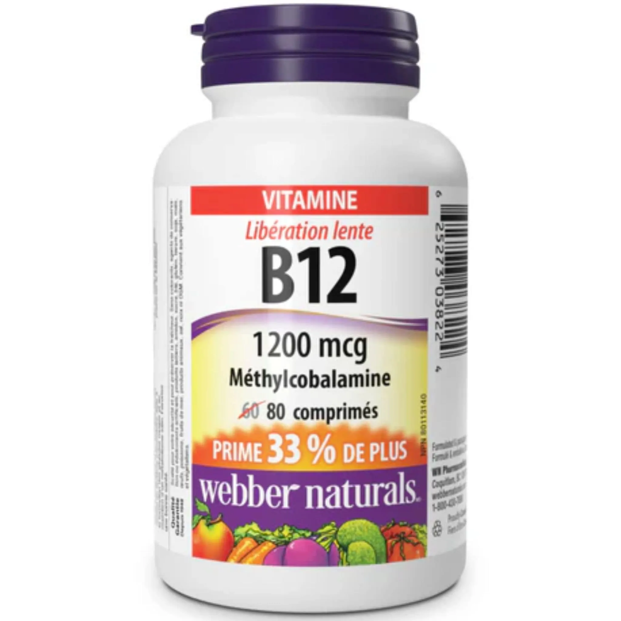 Webber Naturals Vitamin B12, Timed Release, 1200mcg, BONUS! 33% More, 60 20 Tablets