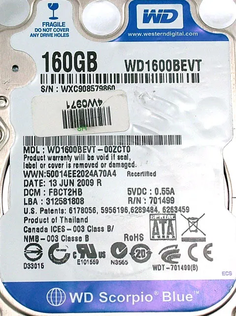 Western Digital 160GB 5400RPM SATA Laptop Hard Drive WD1600BEVT-00ZCT0